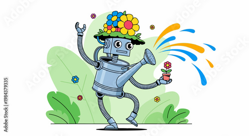 Whimsical robot watering flowers in a garden, a charming vector illustration for spring and nature themes. This delightful robot character brings joy and a touch of fantasy to gardening concepts.