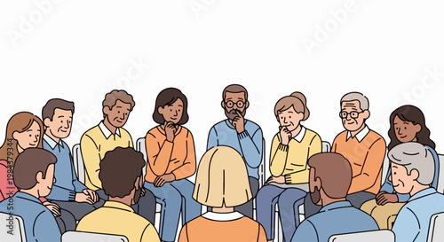 Group therapy session with diverse people sitting in circle, vector illustration. Support group meeting for mental health and community connection, sharing feelings and experiences.