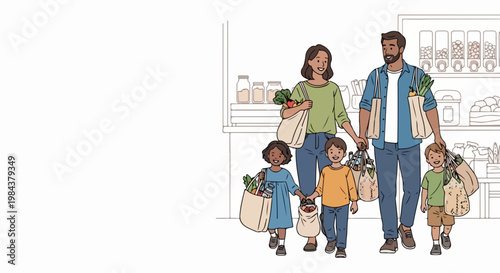Family grocery shopping vector illustration with parents and children carrying reusable bags filled with fresh produce and groceries, depicting a healthy lifestyle and everyday errands.