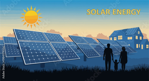 Solar energy vector illustration with family silhouette near panels and houses, representing clean power generation and sustainable living.