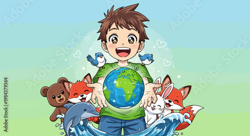 Cute cartoon boy holding planet earth with diverse animals and birds around him, representing environmental protection and nature conservation vector illustration.