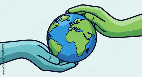 Global care and protection vector illustration with hands holding planet Earth. Concept of environmental stewardship and international cooperation,