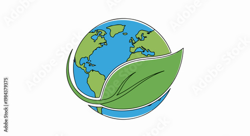 Eco friendly planet earth with green leaf vector illustration. Sustainable world concept with nature symbol. Environmental protection graphic for ecological awareness.