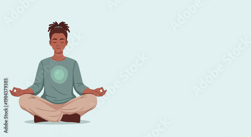Calm meditation practice with person sitting in lotus pose, vector illustration. Peaceful mind and body wellness, mindful breathing exercise for stress relief. Concept of inner peace and self care.