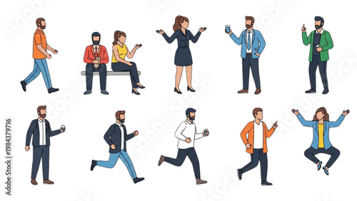 People engaging in various actions with vector 2D CAD illustrations