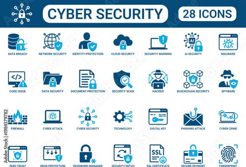 Cybersecurity and Data Protection Icon Set with Phishing Attack Firewall AI Security Blockchain Network Privacy Encryption Password Manager Secure Payment and Threat Detection Symbols