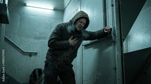 A man in a hoodie clutches his chest in a concrete stairwell. The scene is cold and dramatic with visible breath. Perfect for health emergency or crime drama concepts.