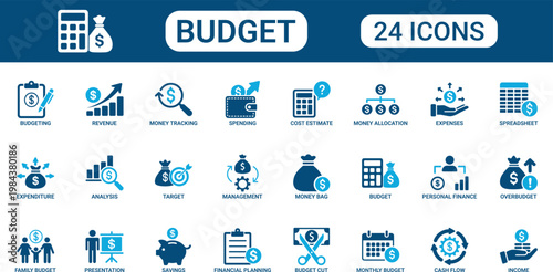 Budget and Financial Management Solid Icon Set Featuring Expense Tracking Cash Flow Savings Income Allocation Cost Estimate Spreadsheet and Money Planning Modern Vector Icons Collection