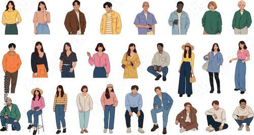 Diverse people characters collection men and women in casual outfits standing sitting and posing modern lifestyle vector illustration set