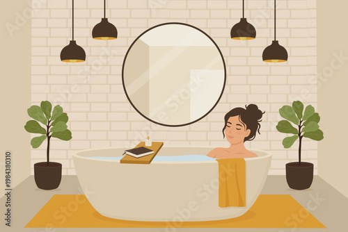 Calm woman relaxing in beige bathtub with round mirror vector illustration.
