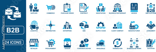 B2B Business Solid Icon Set Featuring Supplier Vendor Commerce Enterprise Partnership Supply Chain Purchase Order Transaction Invoice Logistics and Corporate Vector Icons Collection