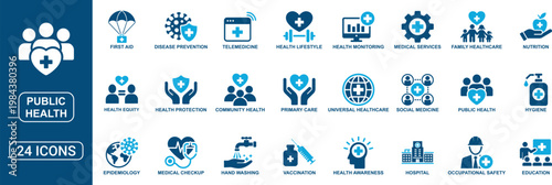 Public Health Solid Icon Set Featuring Community Health Disease Prevention Hygiene Medical Services Vaccination Health Awareness Hospital Care and Healthcare Protection Vector Icons