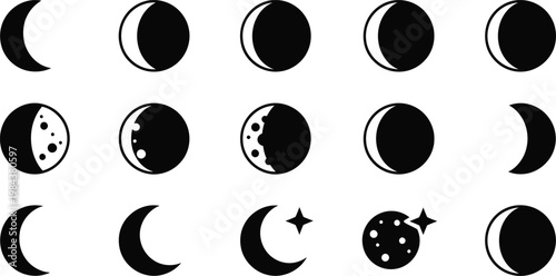 Collection of moon phases icons different stages of illumination full moon black and whit