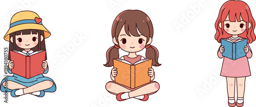 Cute Girls Reading Books Vector Set with Colorful Outfits and Fun Expressions for Education, Learning, and Childhood Illustrations
