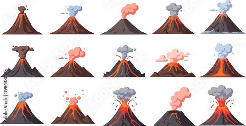 Volcano eruption sequence with lava and smoke clouds illustration set