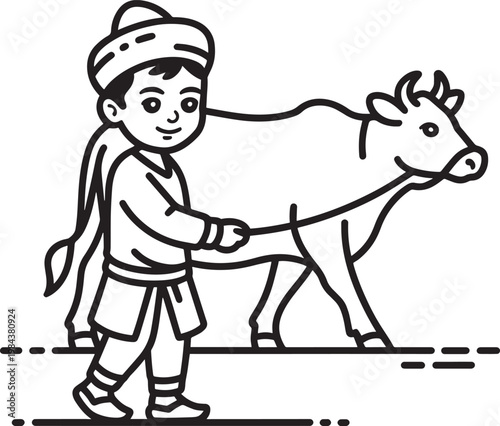 Boy leading a cow with a rope, simple line illustration of rural life in outline style