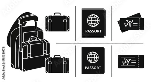 Travel Icons: Luggage, Passport, Airplane Tickets - Black and White