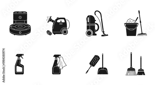 Home Cleaning Equipment Icons Set: Robot Vacuum, Steam Cleaner, Vacuum, Bucket, Sprays
