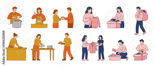 Charity volunteers giving food and clothing donations set, people donating items to help poor community, flat vector illustration collection for humanitarian aid, social welfare and support concept.