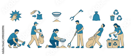 People Collecting Trash Icons Set, Volunteers Cleaning Environment, Waste Sorting and Plastic Recycling Actions, Community Ecology Concept for Sustainability Infographics, Flat Vector Illustration Sty