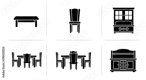 Dining Room Furniture Icons: Table, Chairs, and Cabinet Set