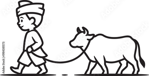 Child walking a cow on a leash in a simple line drawing style in outline style