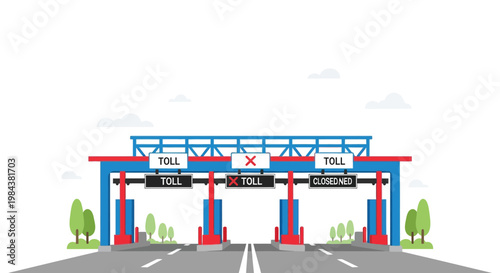 Illustration of a highway toll plaza with closed and open lanes