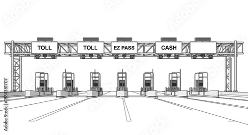 Sketch of a highway toll plaza with ez pass and cash lanes