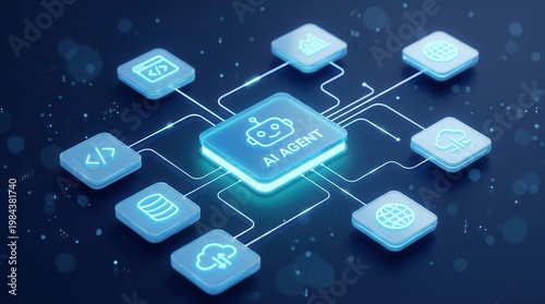 Obraz w ramie AI automation workflow featuring an intelligent agent connecting data, code, and digital tools.