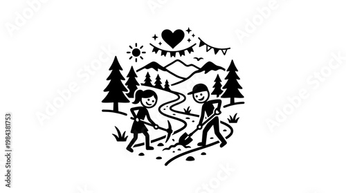 Couple Digging Trail Through Mountain Landscape