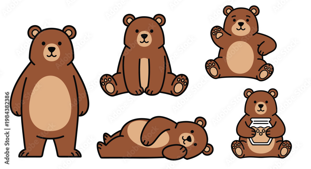 Fototapeta premium Cute Brown Bear Character Set in Various Poses Sitting Standing Waving and Holding Honey Jar Vector Illustration Bundle