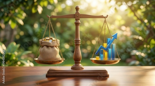Wooden financial scales balancing a money bag with a rising growth chart for investment stability.