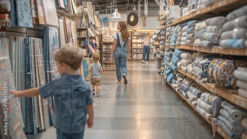 Two curious children stroll down a vibrant textile aisle in a fabric store, surrounded by neatly stacked rolls of colorful fabric on sturdy wooden shelves
