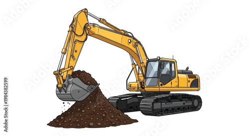 Illustration of a yellow excavator digging into a pile of dirt