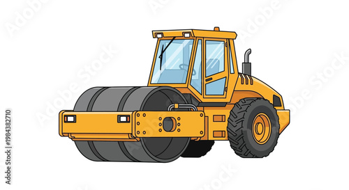 Cartoon illustration of a yellow road roller construction vehicle