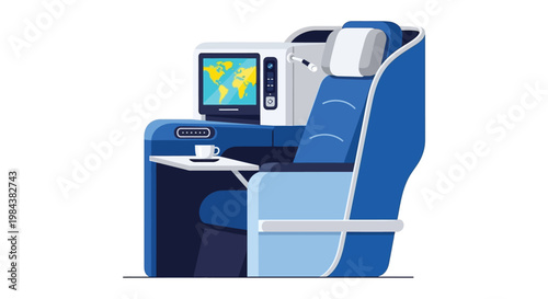 A modern airplane seat with entertainment system and small tray table