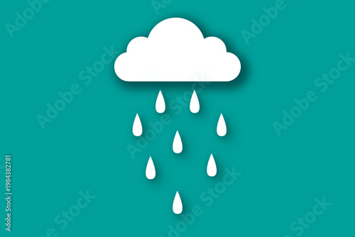 Minimalistic 3D illustration of a cloud with falling rain droplets in a clean background