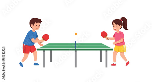 Two children enthusiastically play a game of table tennis indoors
