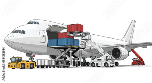 Cargo plane being loaded with containers and support vehicles nearby