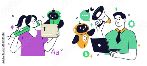 Content creation and digital marketing with AI assistance social media marketing communication strategy creative promotion megaphone typography business teamwork collaboration innovation