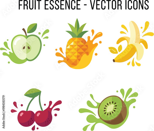 Set of vibrant fruit icons featuring apple pineapple banana cherry and kiwi with juice splashes