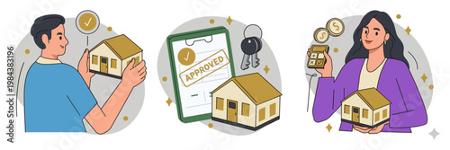 Couple buying a new house with mortgage and loan real estate mortgage property investment ownership residential architecture building illustration smartphone agreement document happiness