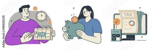 Financial planning and tax calculation with savings and banking piggy bank real estate investment business financial planning illustration calculator document analysis accountant customer