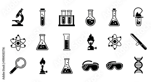 Science Icons Set: Microscope, Test Tubes, Flasks, DNA, Magnifying Glass