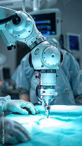 Under intense bright surgical lights, a state-of-the-art robotic surgical system is facilitating precise movements for medical staff clad in scrubs during a delicate operation