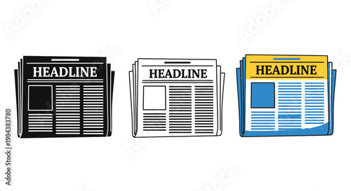 Three newspaper icons in different color schemes illustrating media concepts