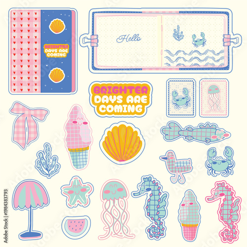 Nautical Summer Sticker Pack, Cute Ocean Animals and Beach Icons Vector