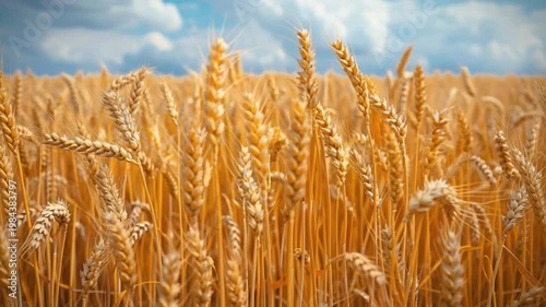 Under the serene blue summer sky, golden wheat sways gently in the breeze, casting a dappled glow on the expansive agricultural landscape with soft white clouds drifting above