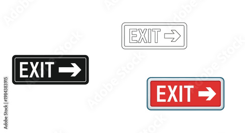 Three variations of an exit sign with different color schemes