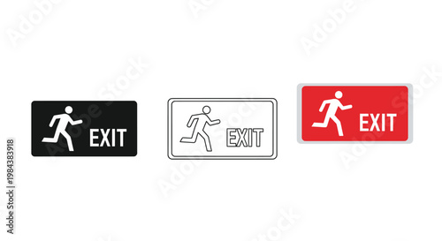 Three variations of a running man exit sign in different colors
